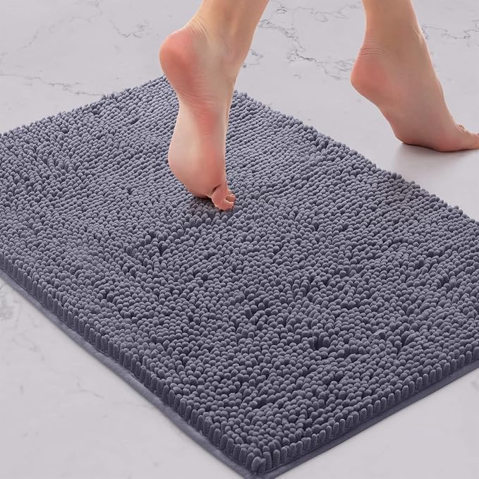 LuxUrux Bath Mat, Extra-Soft Plush Non-Slip Bathroom Rug, Luxury Chenille Microfiber Material, Super Absorbent Shaggy Bath Rug. Machine Wash & Dry (17 x 24 inches, Dark Gray)