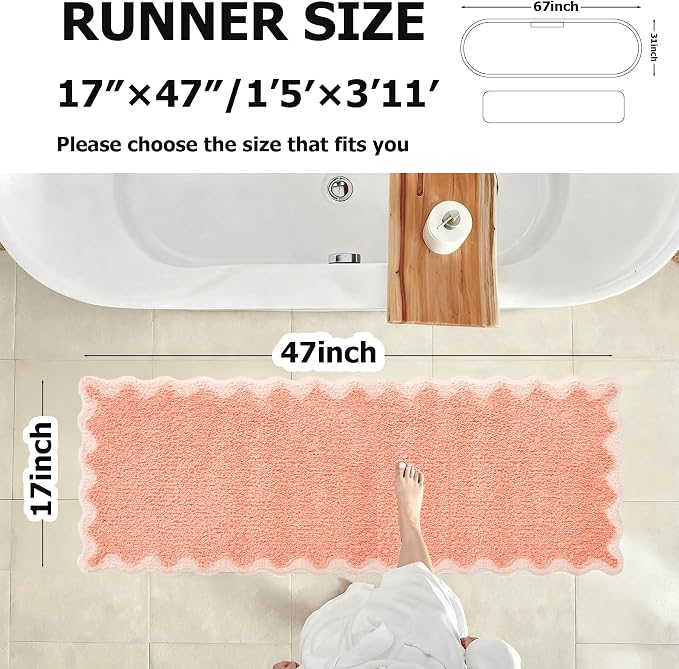 ORTIGIA Cute Coral Pink Scalloped Bath Mat, Fun Plush Microfiber Scallop Bathroom Rugs Non Slip Washable Quick Dry Absorbent, Bath Rug Carpet for Shower Stall Vanities Kitchen Floor Entrance, 17x47