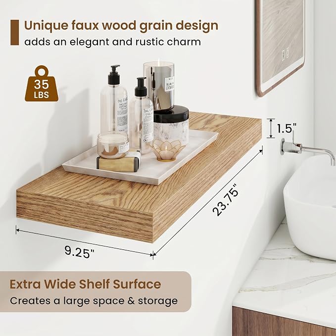 9.25in Depth 24in Floating Shelves, 24x9.25x1.4, Light Brown, Set of 2 | Wall Mounted Engineered Wood Shelves, Invisible Brackets for Living Room, Bedroom, Bathroom, Kitchen Decor and Storage