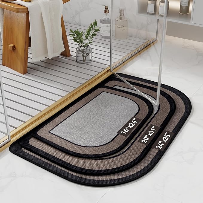 Half Circle Bath Mat, Thin Bathroom Rugs Fit Under Door, Grey 20x31 | Non Slip, Quick Dry Absorbent, Rubber Backing Washable, Semi Circle Bathmat for Bathroom Floor, Tub and Shower, Home Decor