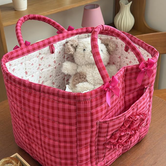 Storage Basket Boho Fabric Large Collapsible Floral Laundry Nursery Hamper Portable Folding Storage for Clothes Toys (Rose Red Plaid)