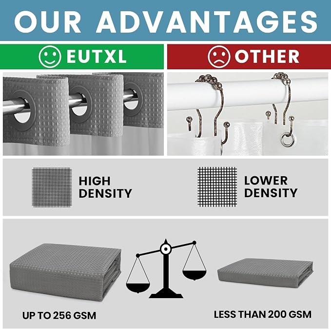 EUTXL Heavyweight No Hook Shower Curtain with Liner, Grey,71x92 | Snap in Liner, 256GSM Thick Waffle Fabric, Hotel Luxury Spa, Corner Magnets, Quick Dry, Waterproof & Washable, Extra Tall