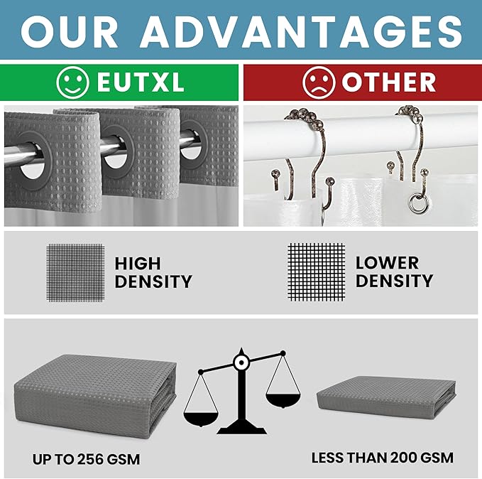 EUTXL Heavyweight No Hook Shower Curtain with Liner, Grey, 54x74 | Snap in Liner, Thick Waffle Fabric, Hotel Quality, Corner Magnets, Waterproof & Washable