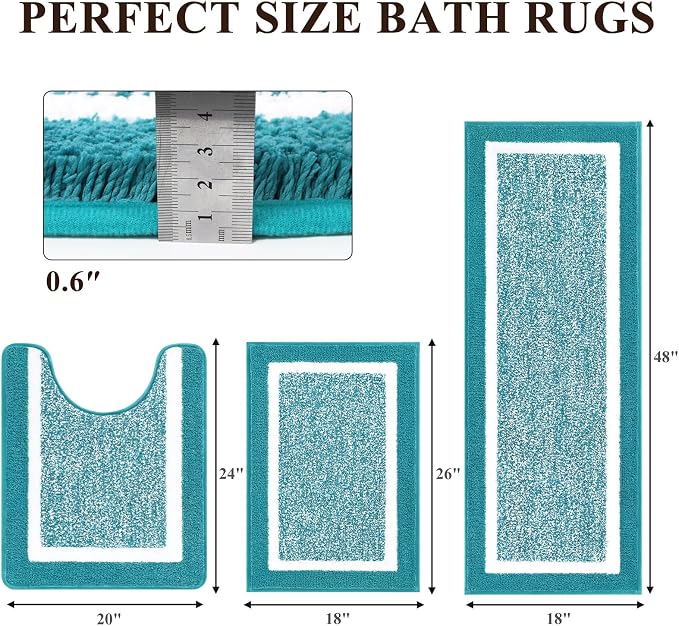 Pauwer Bathroom Rugs 3 Piece Set, Non Slip Washable Bath Mat, Aqua Blue | Soft Plush Microfiber, Super Absorbent Floor Carpet, U Shaped Toilet Mats, Quick Dry, Shaggy Shower Rugs Runners