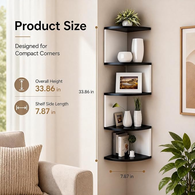 No-Drill Corner Shelf Wall Mount, 5-Tier Floating Corner Bookshelf with Hooks, Space-Saving Zigzag Plant Shelf for Bedroom, Living Room, Bathroom, Home Office(Black & White)