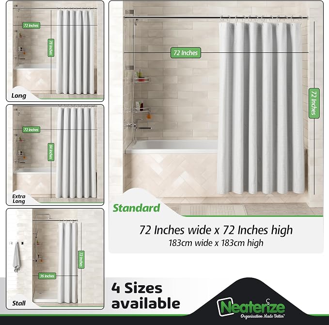 NEATERIZE Shower Curtain White - Hotel Style Shower Curtains for Bathroom with Waffle Design, 72x72 Inches - White Fabric Shower Curtain - Cortinas de Baño Elegantes