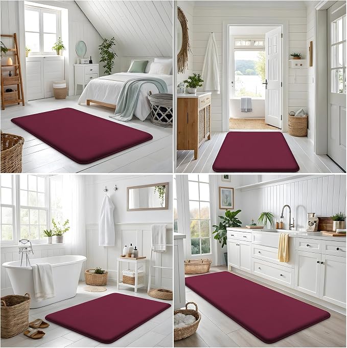 Smiry Memory Foam Bath Mat 44x24, Extra Soft and Absorbent Bathroom Rugs | Burgundy, Quick Dry Machine Washable Non-Slip Bath Mat for Bathroom Floor, Shower and Tub