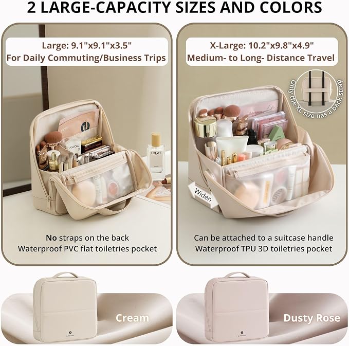 tianzong Travel Makeup Bag with Magnetic Fold-Down Flap, Waterproof Leather Cosmetic and Toiletry Organizer for Women, Multi-Zone Standing Storage, Cream, X-Large
