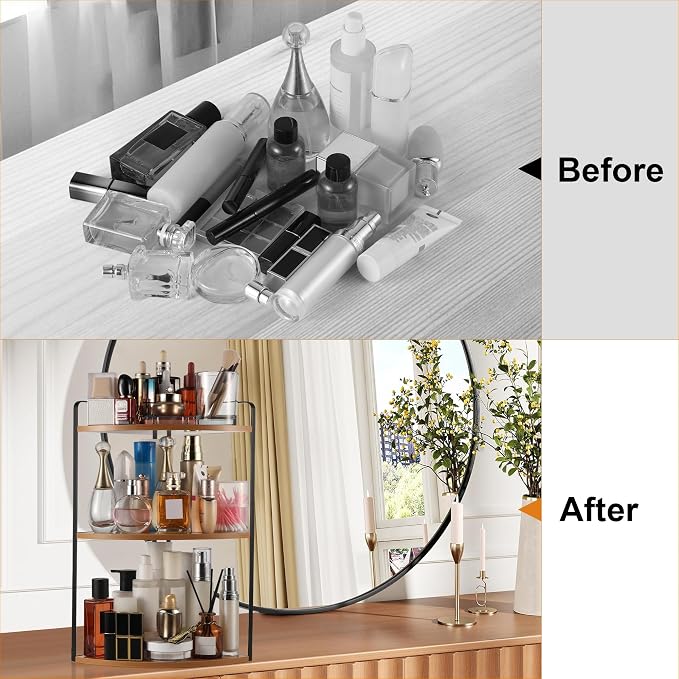 3 Tier Corner Bathroom Counter Organizer, Light Brown | Countertop Sink Organizer Rack, Wooden and Metal Counter Shelf, Space Saving Corner Bathroom & Vanity