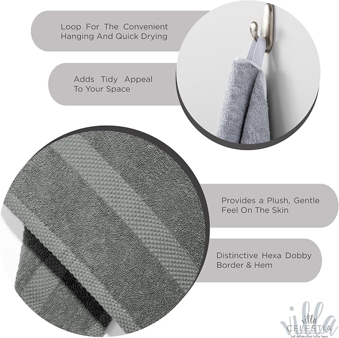 Villa Celestia Cotton Washcloths Set of 12, 12x12 Inch, 100% Ring-Spun Combed Cotton, Soft Absorbent Quick-Dry Wash Cloths for Face and Body, Oeko-TEX Certified, Hotel & Spa Quality, Grey
