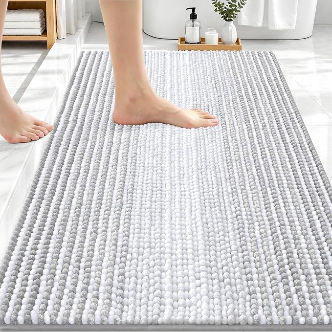 OLANLY Bathroom Rugs 30x20, Soft Chenille Striped Bath Rugs, Light Grey | Extra Absorbent, Rubber Backing, Machine Wash Dry, Bath Mats for Bathroom Floor, Tub and Shower, Home Decor Accessories