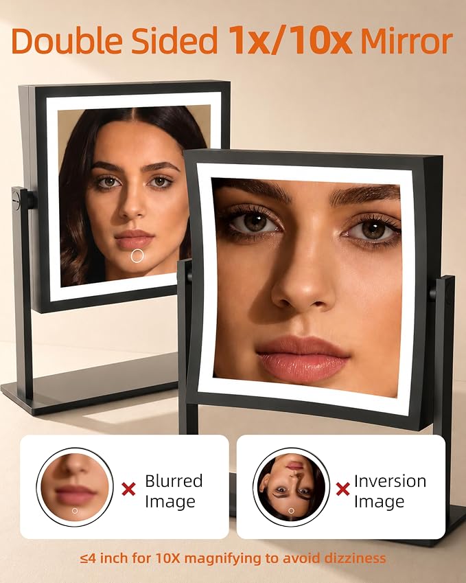 Ruacq Vanity Mirror with Lights, Dual Sided 1X/10X, Matte Black | 8",4000mAh Rechargeable, Magnifying Mirror with 3 Color Lights,Touch Control Dimmable, 360° Rotation, Square, Gift for Women