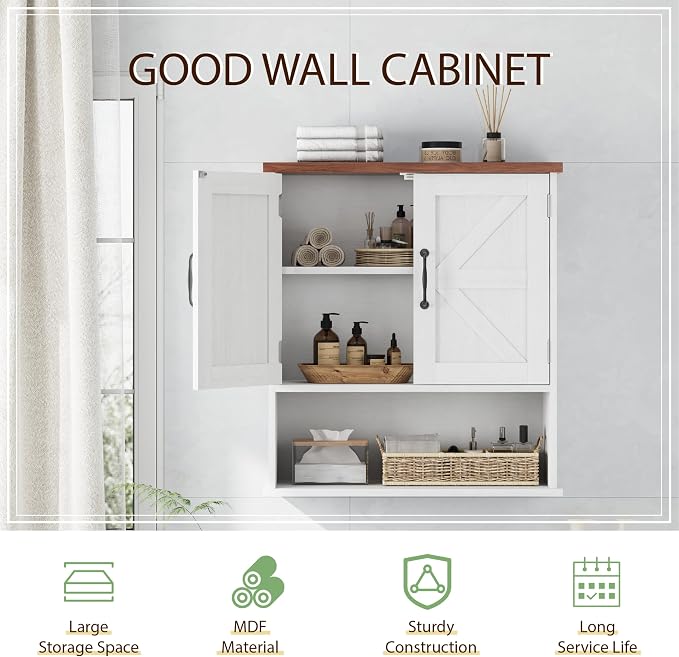 Smuxee Farmhouse Bathroom Cabinet Wall Mounted, White Small Medicine Cabinet with Adjustable Shelf, Bathroom Cabinet for Living Room, Laundry Room
