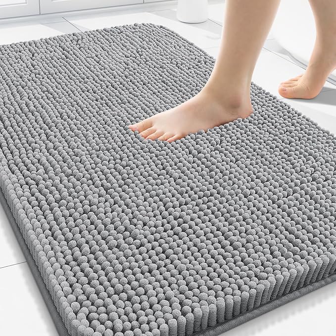Arotive Bathroom Rugs 34x21, Soft Absorbent Shaggy Chenille Bath Rugs | Light Grey, Machine Washable Rubber Backing Bath Mats for Bathroom Floor Tub and Shower Home Decor Accessories