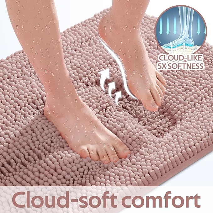 Striped Dusty Pink Toilet Bathroom Rug Mat Set 2 piece Rug Ultra Soft, Non Slip Chenille Bath Rugs, Absorbent Plush Shaggy Bath Mats for Bathroom, Bedroom, Kitchen, Shower, Tub