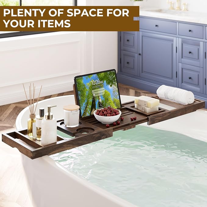 Teak Bathtub Tray Caddy, Foldable Bath Tray with Expandable Handles, Wine Glass and Phone Holders, Book Stand, for Home Spa Relaxation, Luxury Bathroom Accessories - Dark Walnut Color