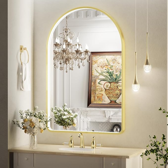 24X36 Inch Gold Framed Arched LED Lighted Bathroom Mirror,3 Color | ETL Listed,Anti-Fog,3000K/4500K/6000K Dimmable,Horizontal & Vertical,Wall Mounted,Memory Function,Ideal for Bathroom,Vanity