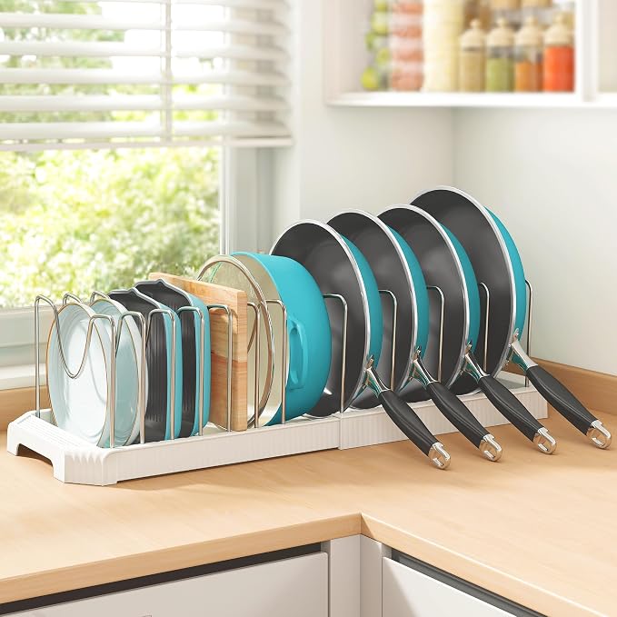 Expandable Pan Organizers Inside Cabinet with 12 Dividers White | Extends 12.9-21.9", Holds cookie sheets, cutting boards, pot lids and pans, iron dividers, plastic base, under cabinet rack