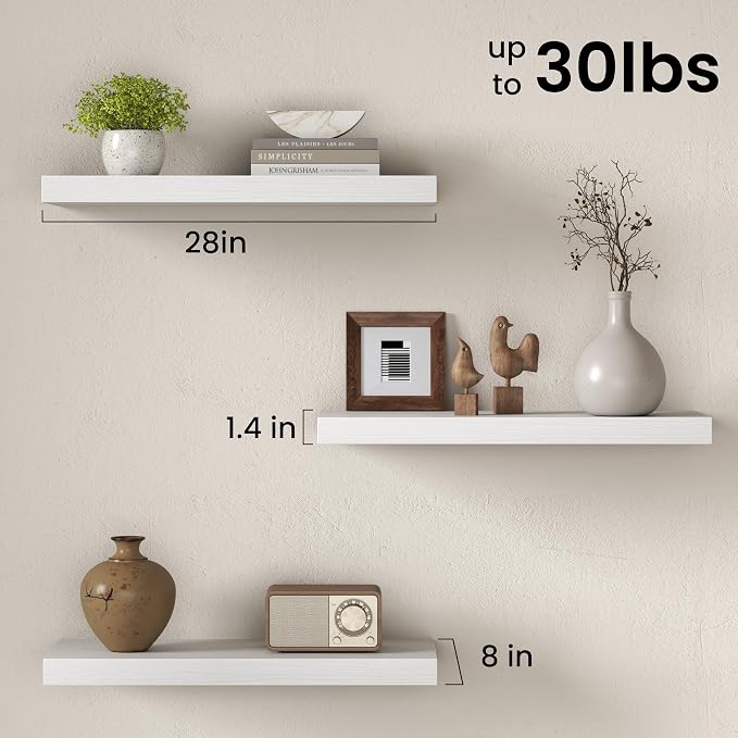 Fun Memories White Floating Shelves for Wall Set of 2, 28" White Floating Shelves for Home Decor, Rustic Wood Wall Mounted Shelf, Hanging Deep Shelf for Living Room, Bedroom, Bathroom, Kitchen