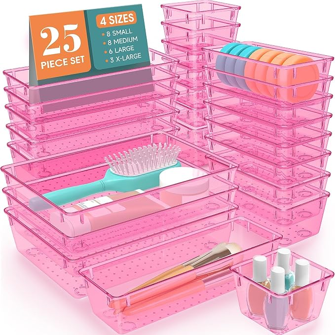 SpaceHacks 25 PCS Plastic Drawer Organizer, 4-Size Versatile Organizer Trays & storage Bins