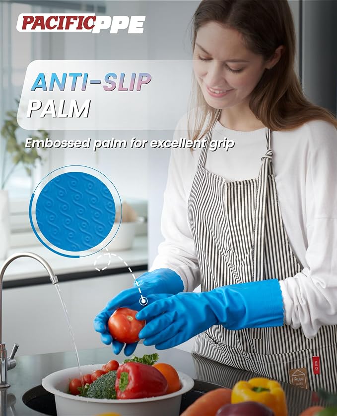 2 Pairs Cleaning Gloves, Cotton Liner, Purple+Blue, Medium | Waterproof dishwashing gloves with non-slip grip, Latex-Free, flexible fit for kitchen, bathroom, laundry & cleaning