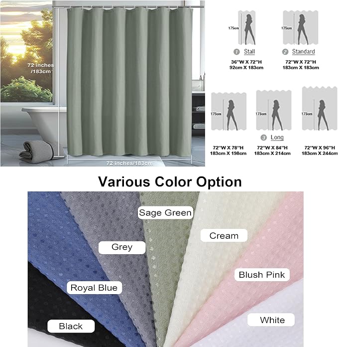 Extra Long Shower Curtain Set- 96 Inch Long Waffle Weave Heavy Duty Fabric Shower Curtains for Bathroom, Luxury Heavy Duty Thick Cloth Shower Curtain with 12 Plastic Hooks, 72x96, Sage Green
