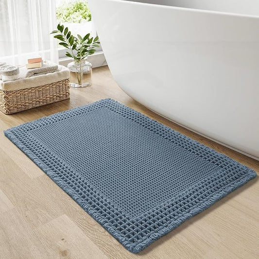 RESARE Waffle Bath Mat for Bathroom, Non Slip Bathroom Rugs 24"x36" Blue | Absorbent Boho Bathroom Floor Mats Machine Washable Quick Dry, Soft Solid Bath Rugs with Tassels, Ideal Farmhouse Home Decor