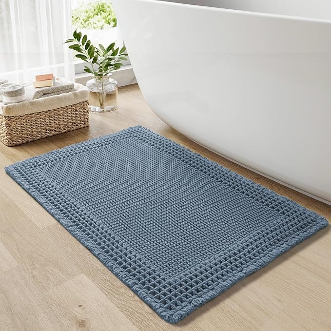 RESARE Waffle Bath Mat for Bathroom, Non Slip Bathroom Rugs 20"x32" Blue | Absorbent Boho Bathroom Floor Mats Machine Washable Quick Dry, Soft Solid Bath Rugs with Tassels, Ideal Farmhouse Home Decor