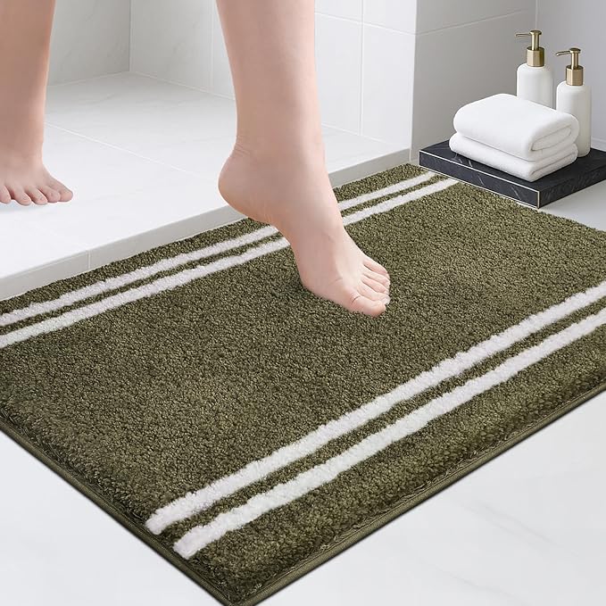 PURRUGS Bathroom Rug, Bath Mat, 20" x 30", Olive Green | Machine Washable, Non-Slip, Waterproof TPR Backing, Super Absorbent, Quick Dry, Bath Rug for Shower, Bathtub, and Sink