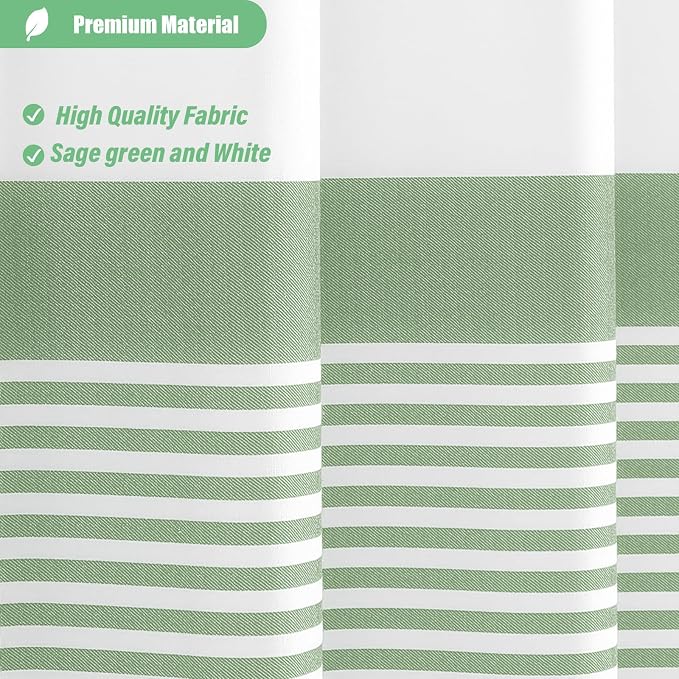 Sage Green Fabric Shower Curtain, Farmhouse Boho Striped Tassel Shower Curtain for Bathroom, Bohemian Textured Cloth Shower Curtain Set with Hook, Water Repellent, Wrinkle Free, 72x72