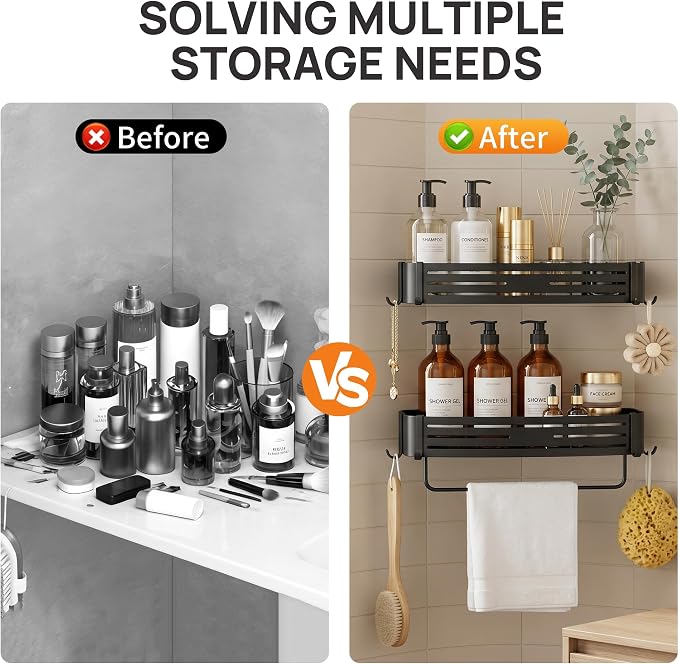 Black Adhesive Square Shower Caddy with Towel Bar, Soap Holder and Hooks | Adhesive black shower basket with towel bar, soap holder and hooks for smooth tile, glass, stainless steel and bathroom walls
