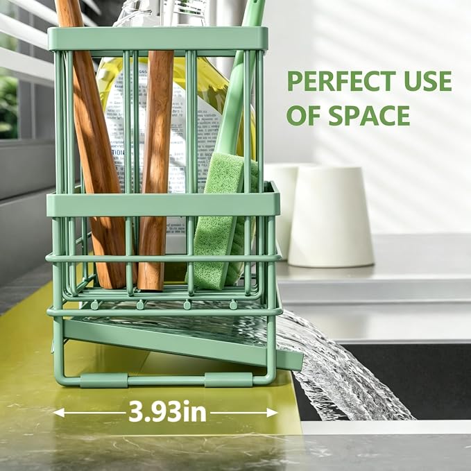 Cisily Sink Caddy Sponge Holder for Kitchen with Brush Holder and Stainless Steel Self Drain Tray, Rustproof Kitchen Sink Organizer for Sponge, Soap Dispenser Storage Accessories