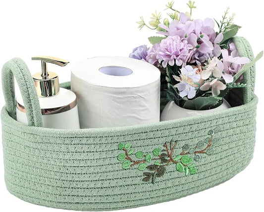 Vesici Eucalyptus Toilet Paper Storage Basket with Handles, Cotton Rope | 13x6x4 Inch, Bathroom Counter Caddy, Green Embroidered Boho Decor, Organizer for Toiletries, Bedroom Storage