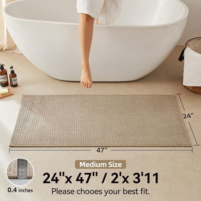 Triohero Bathroom Rugs Non Slip Washable, Super Absorbent Thin Bath Mat Quick Dry Low Pile Bathroom Rug, Beige 24x47