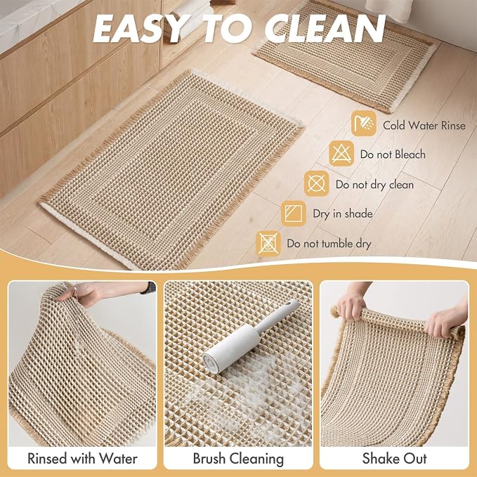 MIULEE Set of 2 Waffle Bathroom Rugs Brown&Cream Boho Bath Mat 17x24 in | Looped Design, Super Absorbent, Non Slip, Washable, Ultra Soft, Rubber Backed, Bathroom Mats for Floor Tub Shower