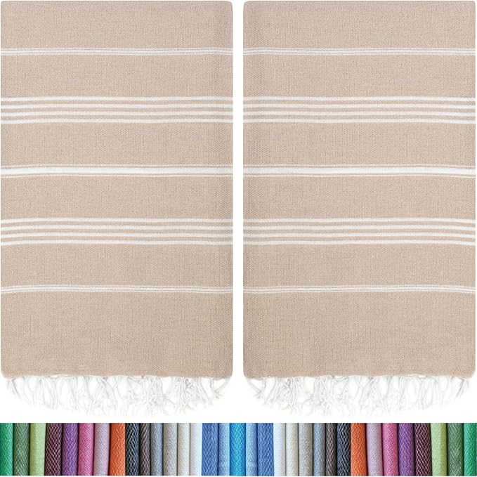 Turkish Beach Towel Set of 6 Oversized 72x40 100% Turkish Cotton | Soft Hammam Peshtemal, Sand Free, Quick-Dry, Absorbent Bath Towel | Lightweight & Compact for Travel, Pool, Gym, Spa - Beige