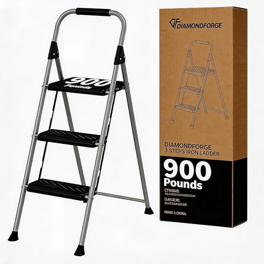 3-Step Folding Ladder, Non-Slip Wide Pedal Step Stool with Soft Handle and Stable Feet, Heavy-Duty Steel Structure, 900lbs Capacity, Foldable Design for Home and Office, Grey
