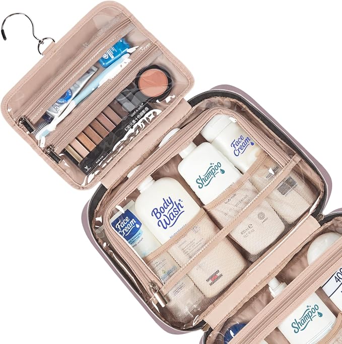 NISHEL Travel Toiletry Bag for women, Portable Hanging makeup Organizer | for Travel-Sized Shampoo, Conditioner, Brushes Set, makeup Accessories, Large Size, Peach Pink