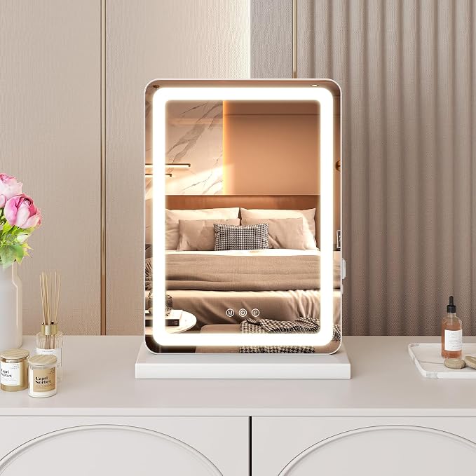 Sweetcrispy 18"x13" LED Vanity Mirror with Lights, Dimmable 3 Color Modes Makeup Mirror with Memory Function, USB Charging, Aluminum Frame, Lighted Mirrors for Desk, Bedroom, Living Room