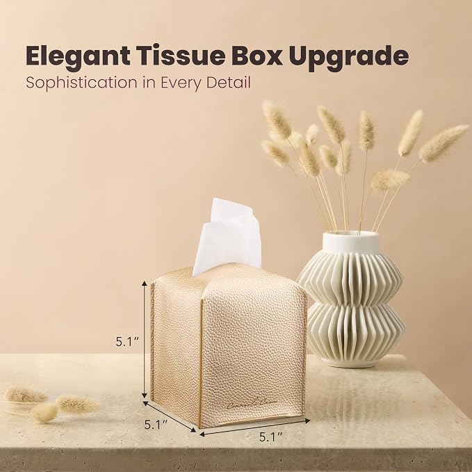 Premium PU Leather Tissue Box Holder - Elegant Hotel-Style Tissue Box Cover for Home, Office & Car Décor, Tissues Cube Organizer for a Natural & Classic Look (Gold 2 Pack)