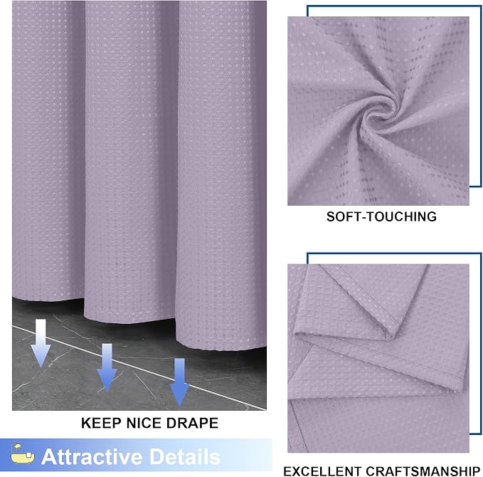 Long Fabric Shower Curtain Set, Waffle Textured Shower Curtain for Bathroom - Weight 230GSM Heavy Duty Hotel Spa Luxury Bath Curtain Set with 12 Plastic Hooks, 72Wx78L, Lavender