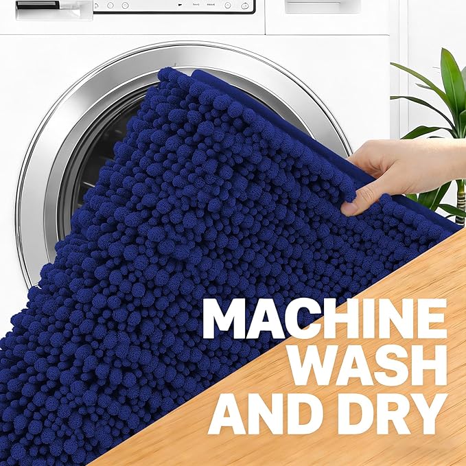 OLANLY Bathroom Runner Rugs 47x20, Thick Soft Absorbent Chenille Bath Rugs | Navy Blue, Quick-Drying Rubber Backing, Long Shaggy Bath Mat, Washable for Floor, Tub and Shower, Home Decor Accessories