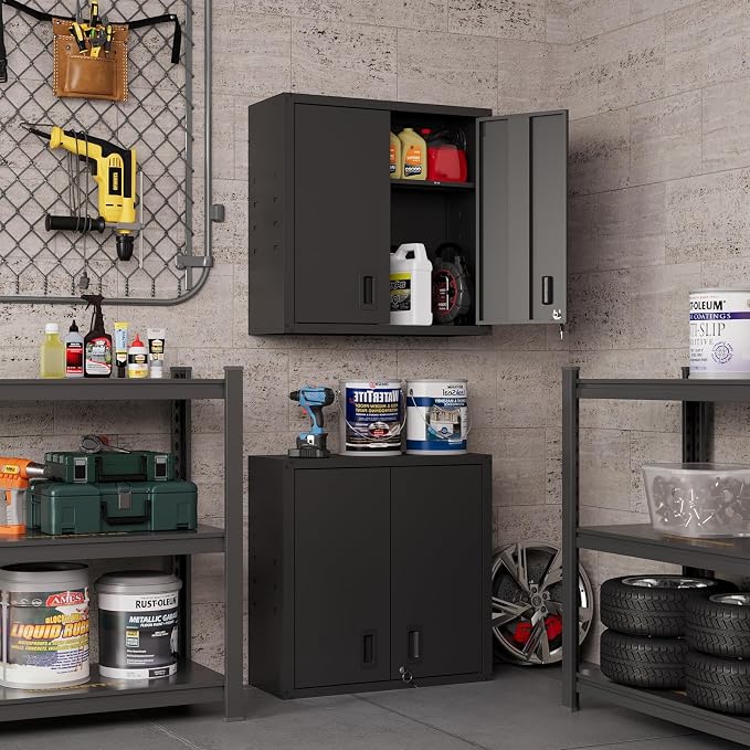 30 Inch Metal Wall Cabinet, Metal Wall Cabinet for Garage, 2pcs,Black | Wall Mount Cabinet with Lock and Adjustable Shelf, Lockable Storage Cabinet for Home Office,Garage,Gym,School