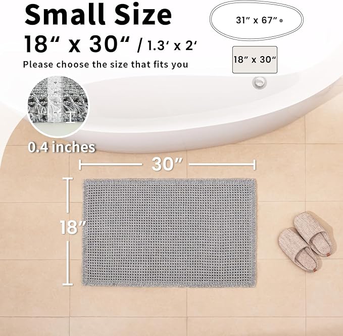 Waffle Bath Mat, Boho Bathroom Rugs Non Slip Washable, 18" x 30" | Super Absorbent Quick Dry Bath Mat, Small Boho Bathroom Mats, Soft Waffle Weave Farmhouse Bathroom Decor, Light Grey