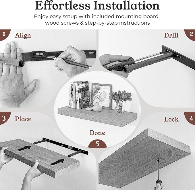 Floating Shelves for Wall, 9.3" Deep Wall Mounted Wood Shelves for Bathroom, Bedroom, Living Room, Kitchen, Hanging Shelf for Books/Storage/Room Decor (Brown, 55")