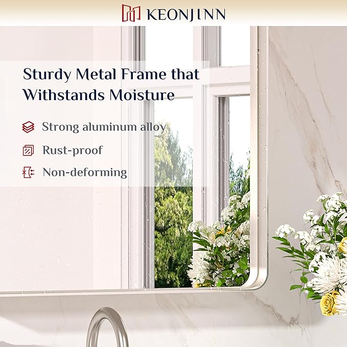 Keonjinn 48 x 36 Inch Brushed Nickel Bathroom Vanity Mirror, Aluminum Frame | HD Tempered Glass, Silver Bathroom Mirrors for Over Sink, Rust-Resistant, Rounded Rectangle, French Cleat Mount, Home Décor