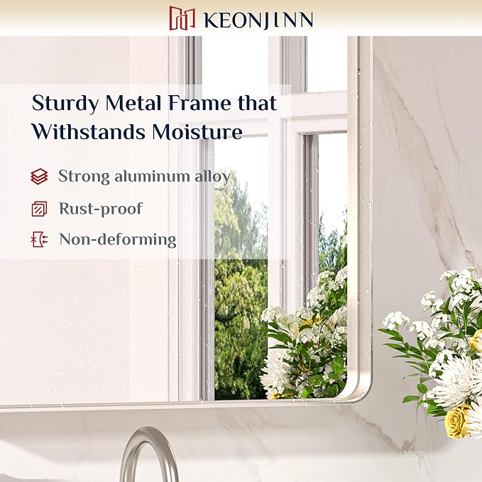 Keonjinn 32 x 36 Inch Brushed Nickel Bathroom Mirrors for Over Sink | HD Tempered Glass, Silver Vanity Mirror, Rust-Resistant Aluminum Frame, Rounded Rectangle, French Cleat Mount, Home Décor