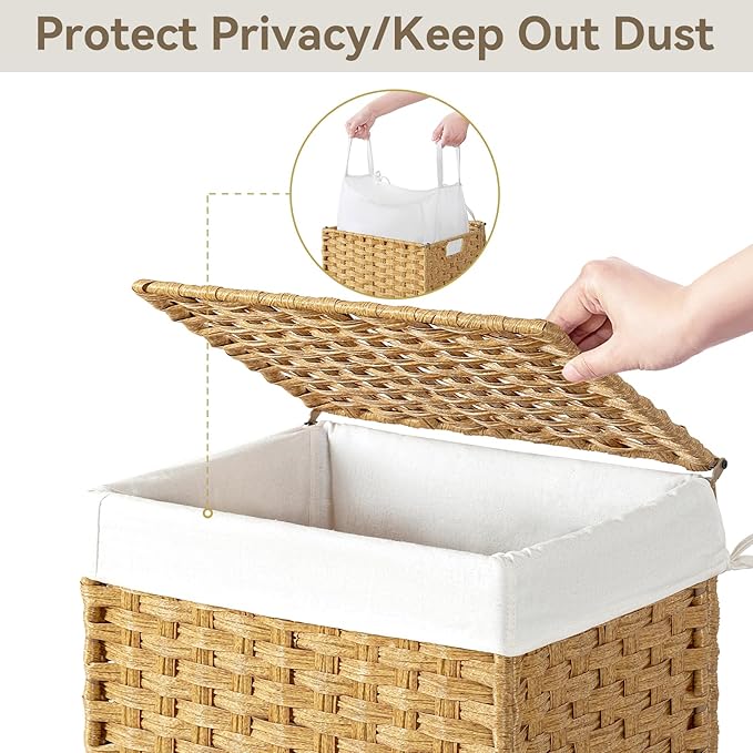 Chrislley Wicker Laundry Basket with Wheels,Rolling Laundry Hamper with Lid | 90L Slim Clothes Hamper with Wheels & Removable Liner Bag, Handwoven Rattan Laundry Organizer for Bedroom, Bathroom, Yellow