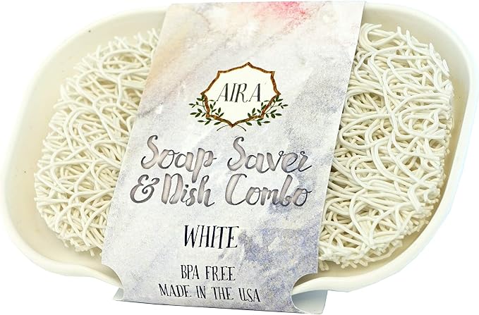 Aira Soap Saver - Dish & Holder Accessory - USA Made - BPA Free Shower & Bath Holder - Drains Water, Circulates Air, Extends Soap Life - Fits All Dish Sets - White Combo
