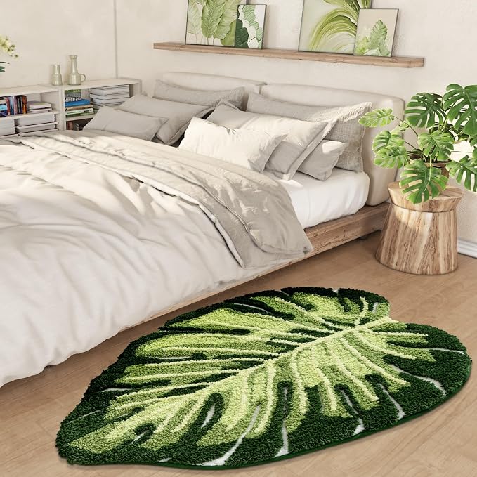 LUMI Bathroom Rug Green Leaf, Absorbent Non Slip Bath Mat, 31.5"x47" | Monstera, Soft Plush Microfiber, Quick Dry, Washable Cute Plant for Shower Floor, Bathroom, Sink Bathtub, Bedroom, Kids Room